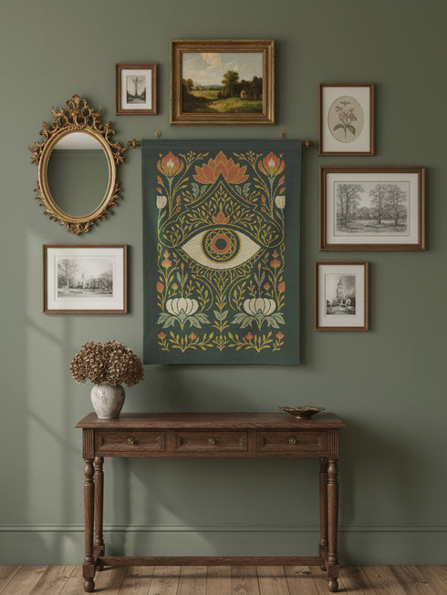 A 26x36 inch woven wall tapestry featuring a large, stylized all-seeing eye with a geometric, cathedral-like pupil. The eye is set on a moody dark green background, surrounded by a symmetrical, antique-style floral and foliage pattern in gold, cream, and red-orange. This vertical textile art evokes a dark academia, gothic, and mystical aesthetic. From a black owned shop.